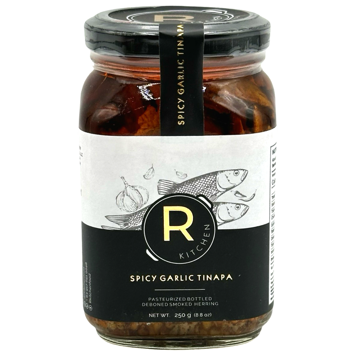 R Kitchen – Spicy Garlic Tinapa – Gourmet Pasteurized Bottled Deboned Dried Herring – 250 G