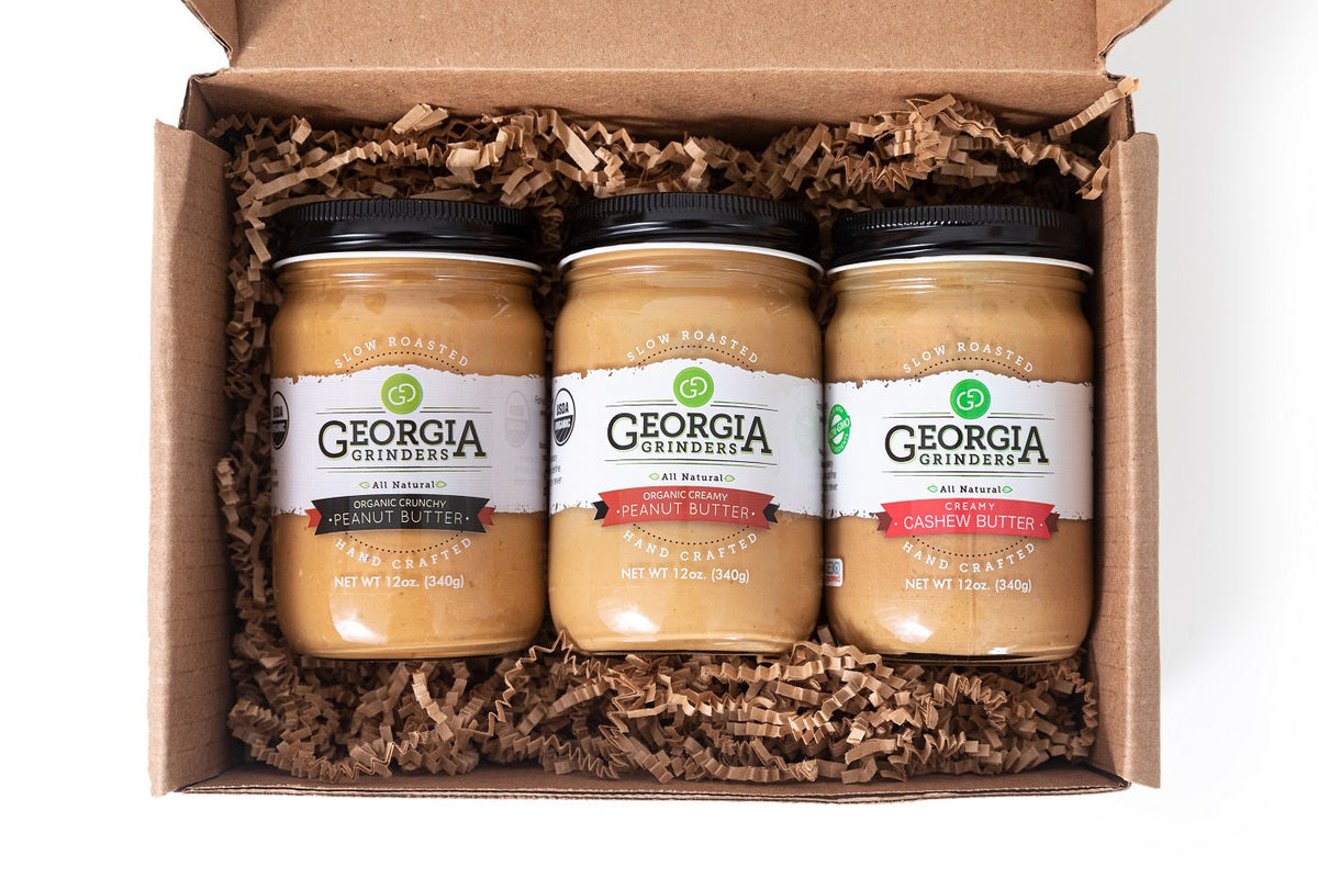 Georgia Grinders Organic Peanut Butter & Cashew Butter: Trio Gift Box – 3 Jars x 12 oz