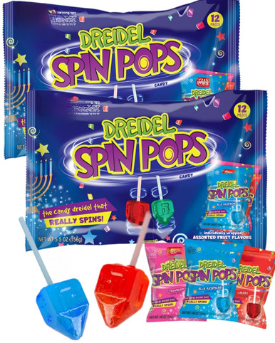 Dreidel Spin Pops, Assorted Fruit Flavors, Spinning Hanukkah Candy Lollipops, Individually Wrapped, Kosher Parve, 12 Count (Pack of 2)