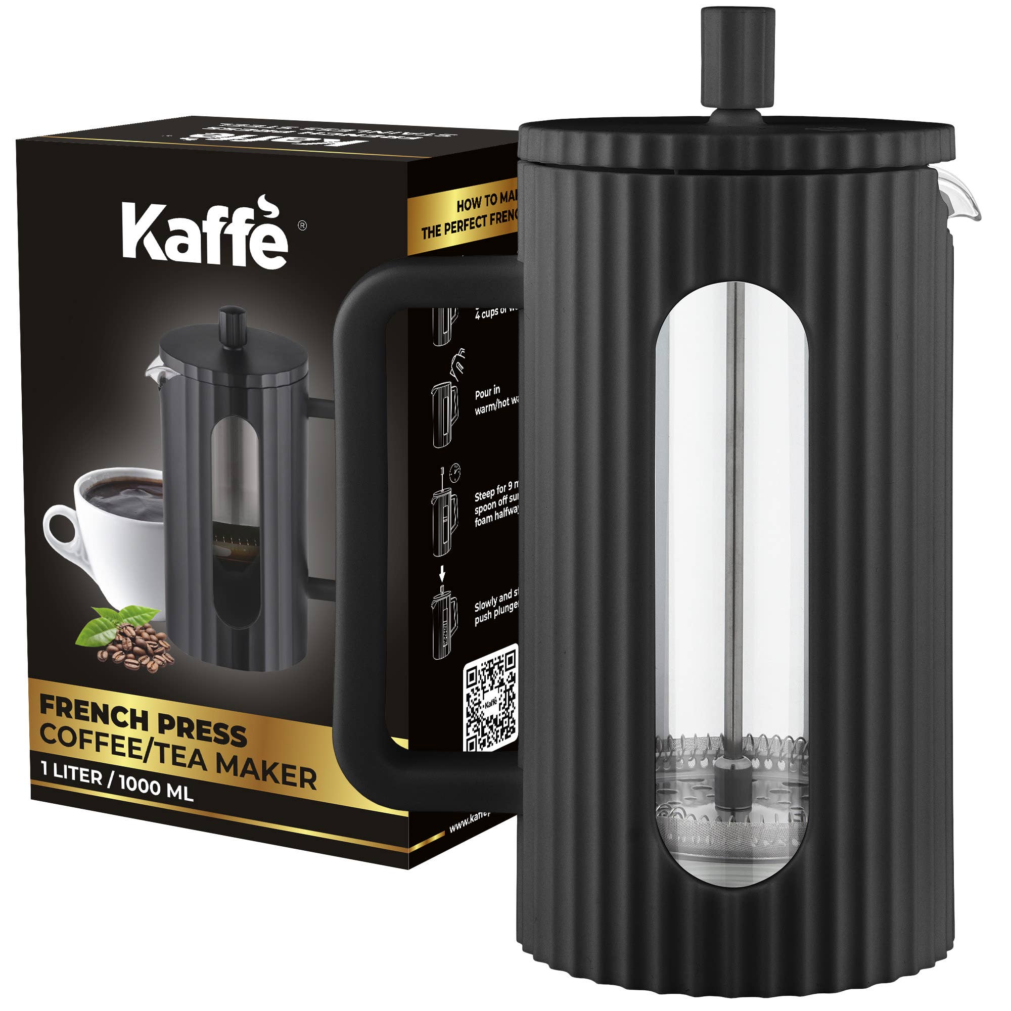 Kaffe Large French Press Coffee Maker – 1L Double-Wall Black Design | Perfect for Rich Coffee & Tea