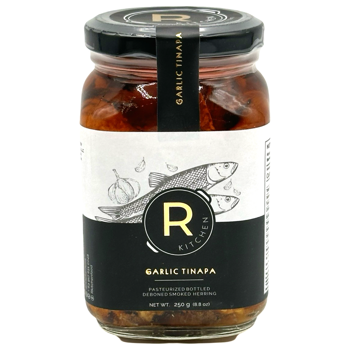 R Kitchen – Garlic Tinapa – Gourmet Pasteurized Bottled Deboned Dried Herring – 250 G