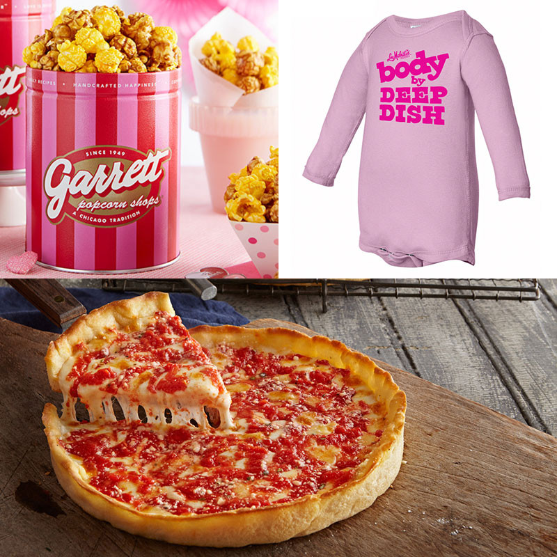 Garrett Popcorn Petite Pink Tin, Pink Onesie, & 1 Lou’s Pizza