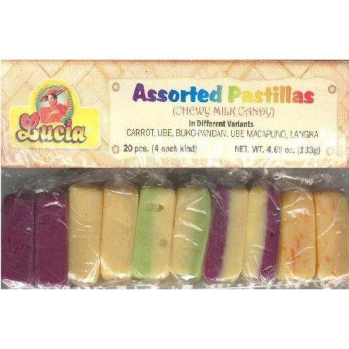 Lucia – Assorted Pastillas – Chewy Milk Candy – Carrot, Ube, Buko Pandan, Ube Macapuno, Langka – 20 Pieces – 4.75 OZ