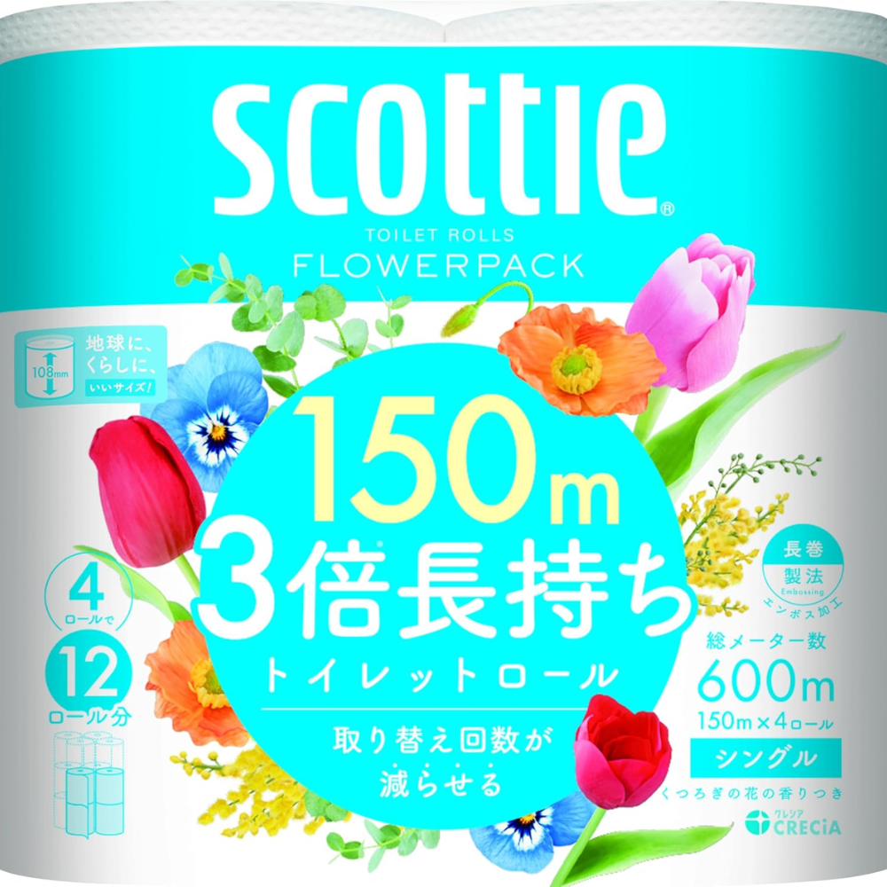 Scotty Flower Pack Triple Length Toilet Paper 4 Rolls 150m Single – Made in JAPAN – Tokyo Sakura Mall