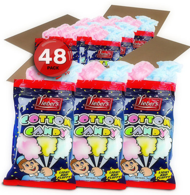 Lieber’s Cotton Candy, Light and Fluffy, 0.8 oz Bags, Bulk Pack of 48, Blue and Red Carnival Treats