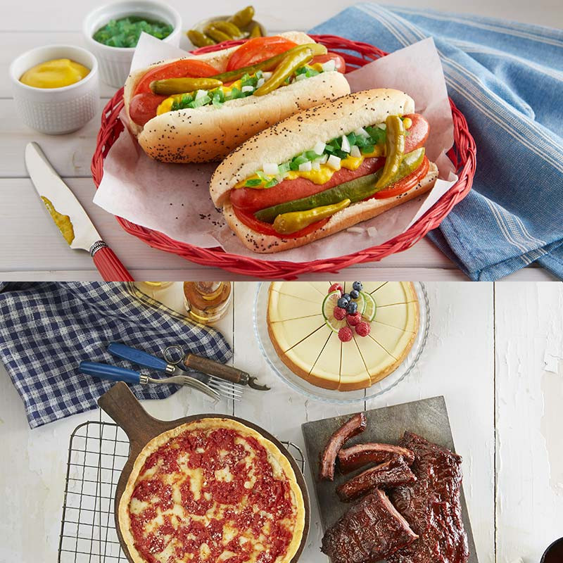 Lou’s Pizza, Portillo’s Hot Dog Kit, Real Urban BBQ Ribs & Eli’s Cheesecake Combo