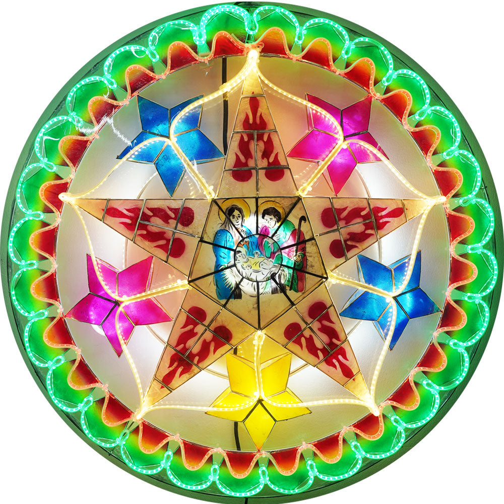 Philippines Christmas Capiz Parol Lantern Star (Tala) Nativity Scene – Green / Red / White LED Show – Size 30
