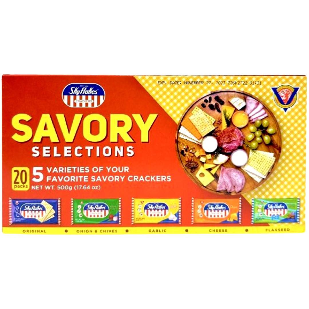 M.Y. San – Skyflakes – Savory Selection – 5 Varieties – Original, Onion & Chives, Garlic, Cheese, Flaxseed – 20 Pack – 500 G