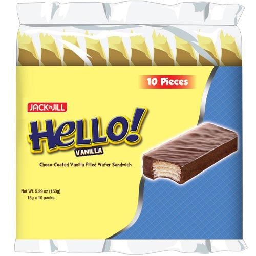 Jack ‘n Jill – Hello! – Vanilla – Choco Coated Vanilla Filled Wafer Sandwich – 10 Pieces – 150 G