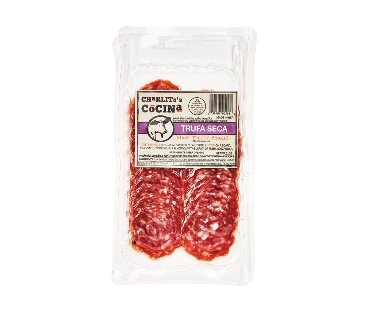 Charlito’s Cocina Trufa Seca – Dry Cured Black Truffle Salami (Presliced) – 15 x 3oz