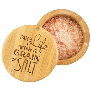 Salt Box with Magnetic Swivel Lid, “Take Life with a Grain of Salt” En