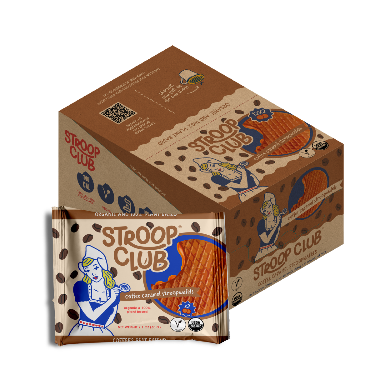 Stroop Club Coffee Caramel Plant Based and Organic Stroopwafels Box – 12 packs x 2-pack case