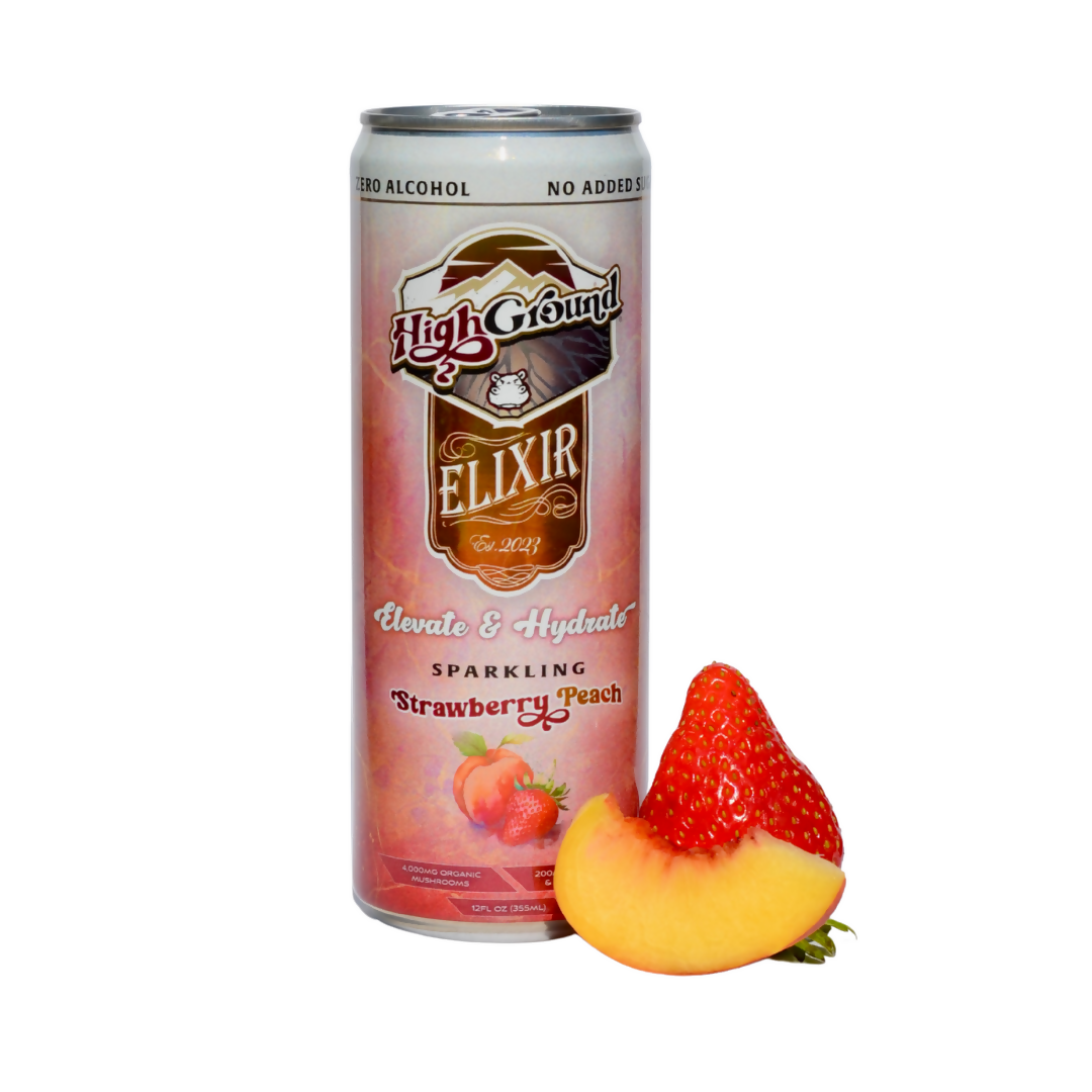 High Ground Elixir All Natural Mushroom Seltzer Can – Strawberry Peach – 24 cans x 12oz case