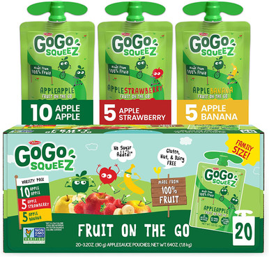GoGo squeeZ Fruit on the Go Variety Pack, Apple Apple, Apple Banana, & Apple Strawberry, 3.2 oz. (20 Pouches) – Tasty Kids Applesauce Snacks, Gluten Free Snacks, Nut & Dairy Free, Vegan