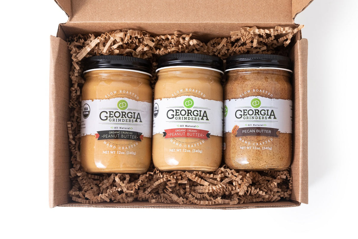 Georgia Grinders Organic Peanut Butter & Pecan Butter: Trio Gift Box – 3 Jars x 12 oz