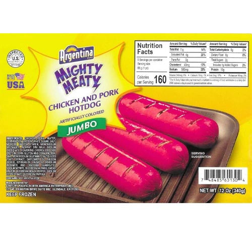 Argentina Brand – Mighty Meaty Chicken and Pork HotDog – JUMBO – 12 OZ
