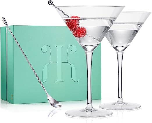 The Wine Savant – Crystal Martini Glass Set of 2, 10oz with Spoon & Ol