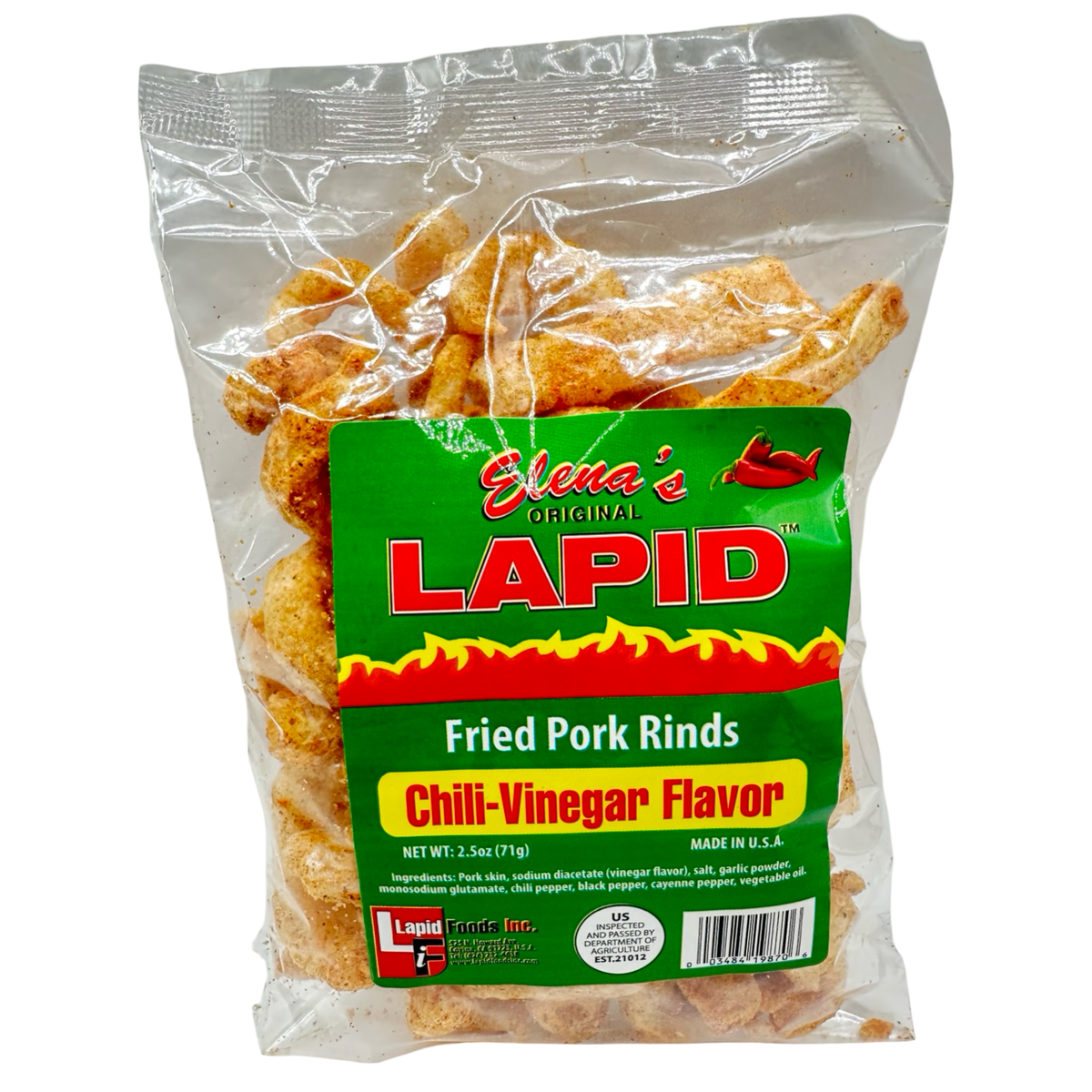 Elena’s Original Lapid – Fried Pork Rinds – Chili Vinegar Flavor – 2.5 OZ