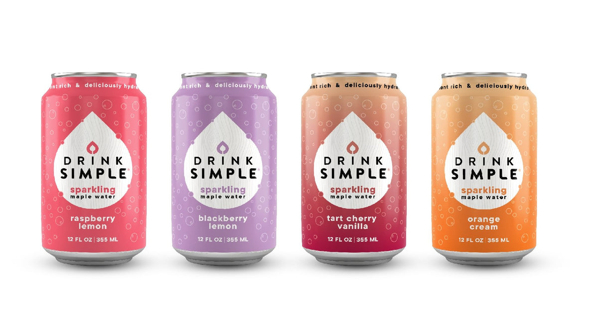 Drink Simple Mixed 12 Pack Sparkling Maple Waters- 4 Flavors: Tart Cherry Vanilla, Raspberry Lemon, Blackberry Lemon, and Orange Cream