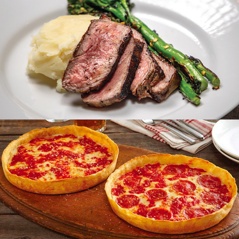 4 Gibsons 14oz. GGA New York Strips & 2 Lou’s Pizzas