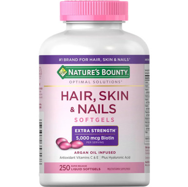 Nature’s Bounty Hair Skin & Nails, Extra Strength 5000mcg Biotin, 250 Softgels, with Argan Oil, Vitamins C & E