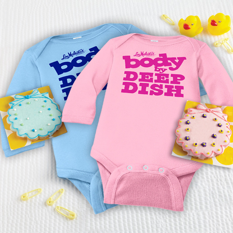 Deerfields Bakery Blue New Baby Cookie, Blue Onesie & 2 Lou’s Pizzas