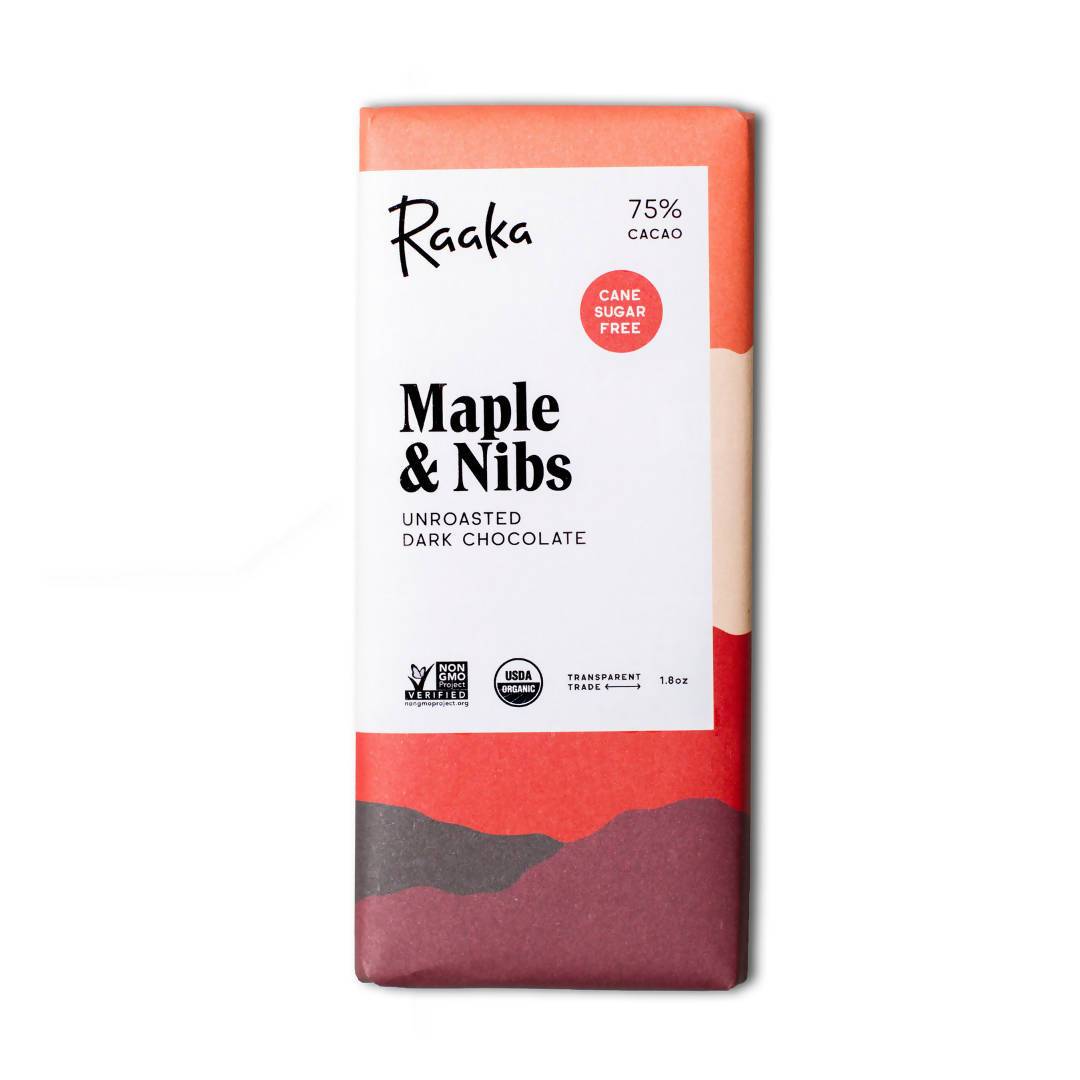 Maple & Nibs Chocolate Bars, 75% Cocoa / Cacao, Unroasted Dark Chocolate – 12 Bars x 1.8oz