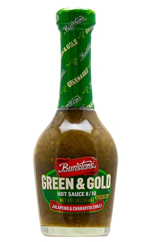 Bunsters Green and Gold 8/10 Heat Hot Sauce, 8oz.