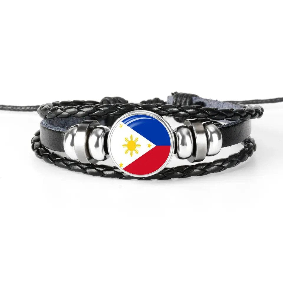 Philippine Flag Snap Button Elastic Jewelry Unisex Mens Black Leather Bracelet – 380 G