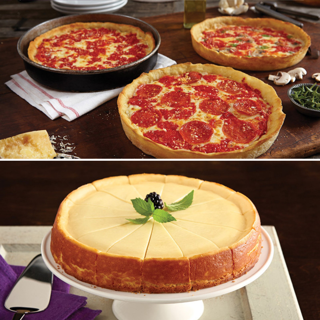 1 Eli’s Plain Cheesecake & 3 Lou’s Pizzas